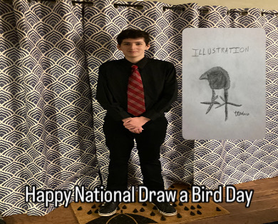 Same image of the man, accompanied with a cruedly drawn image of a bird, along with the text &quotHappy National Draw a Bird Day&quot